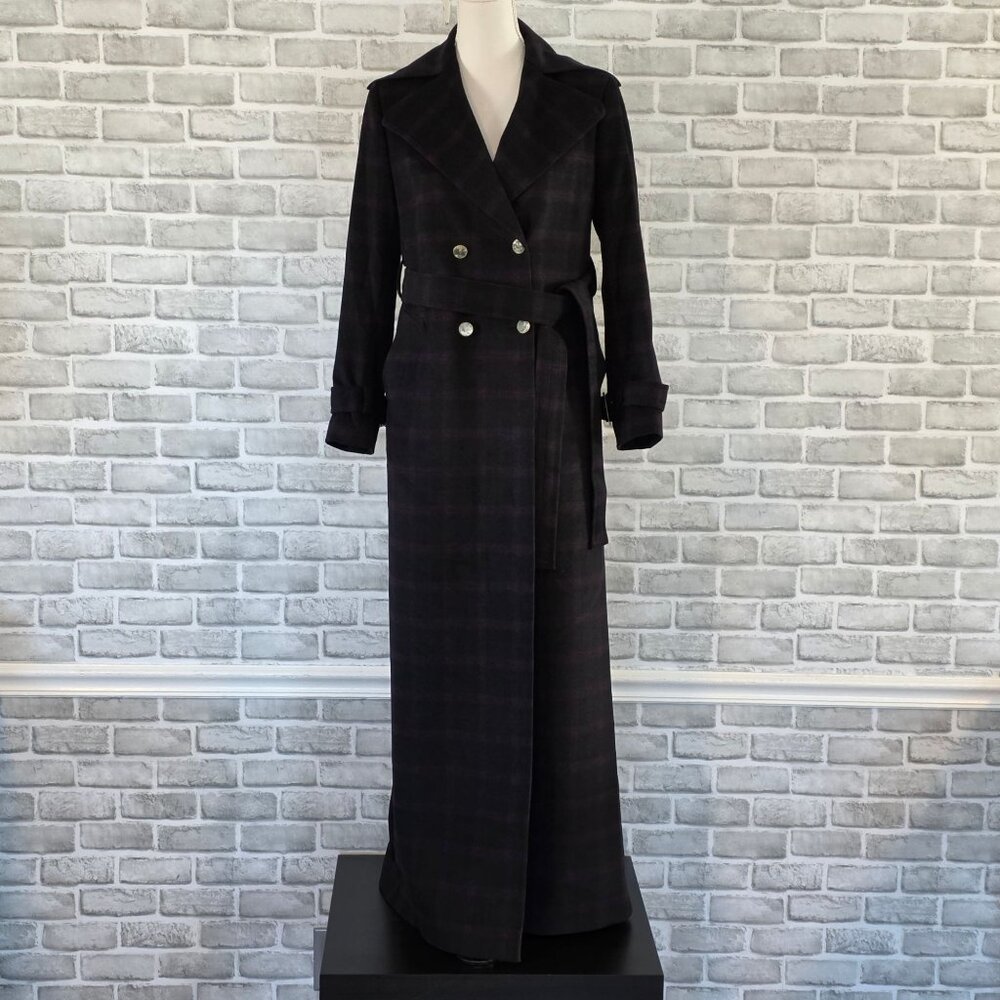 Wool Purple Black Plaid Wool Overcoat Bespoke Custom Maxi Length Dark Acadamia P